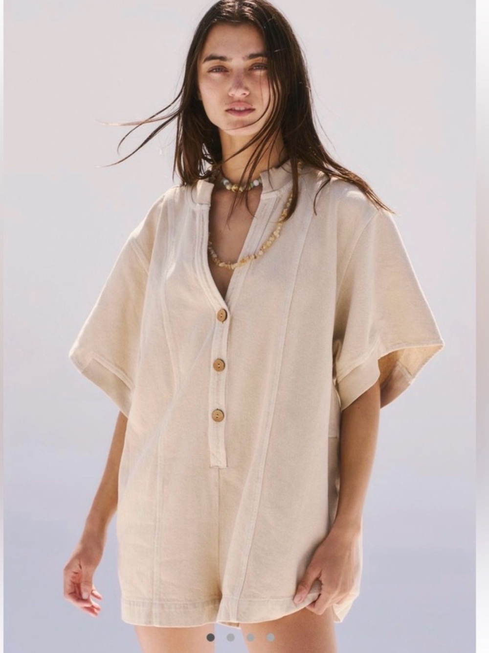 Free People Cream Short-Sleeve Button Tunic Romper